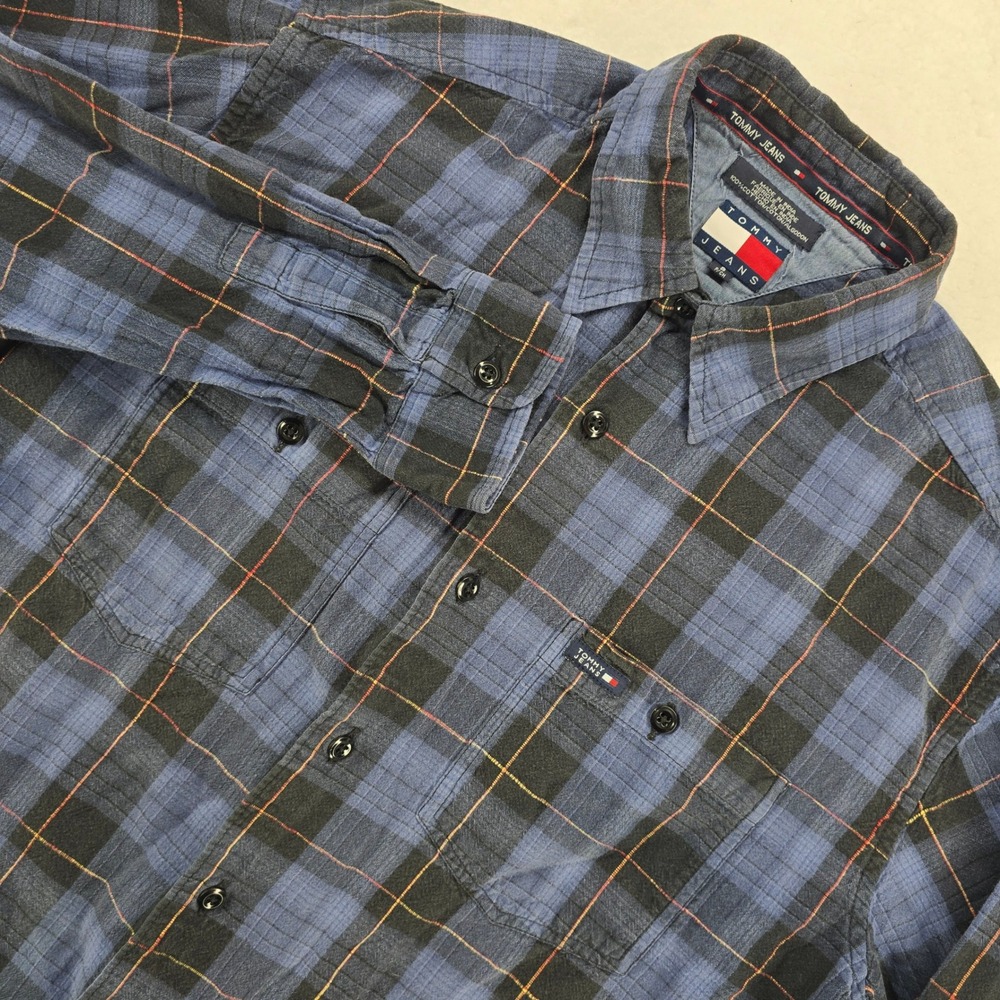Tommy Jeans Shirt Mens Plaid Flannel Button Up Blue‎ Black Red Yellow Size S